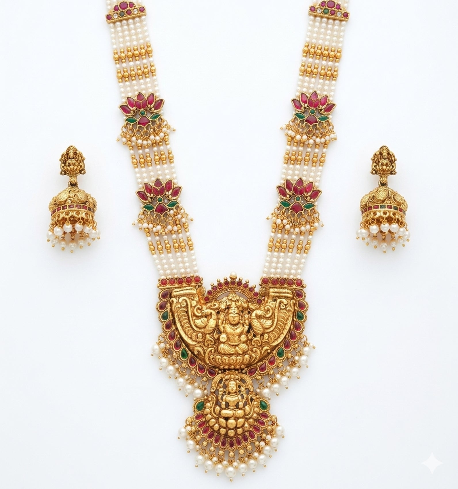 Jewel City Exquisite Temple Jewelry: Handcrafted Gold-Plated Long Pearl Necklace Set with Goddess Pendant & Jhumkas - Distacart