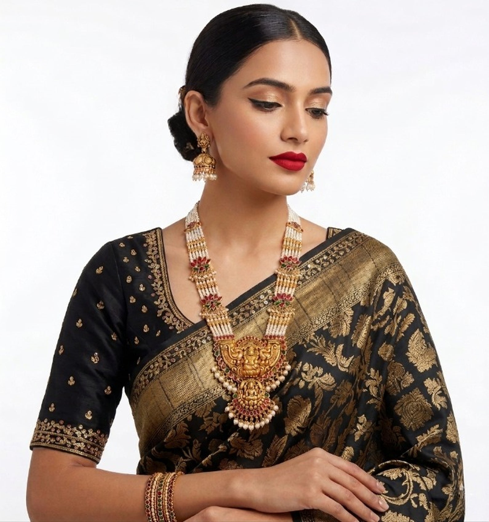 Jewel City Exquisite Temple Jewelry: Handcrafted Gold-Plated Long Pearl Necklace Set with Goddess Pendant & Jhumkas - Distacart