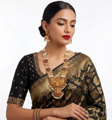 Jewel City Exquisite Temple Jewelry: Handcrafted Gold-Plated Long Pearl Necklace Set with Goddess Pendant & Jhumkas