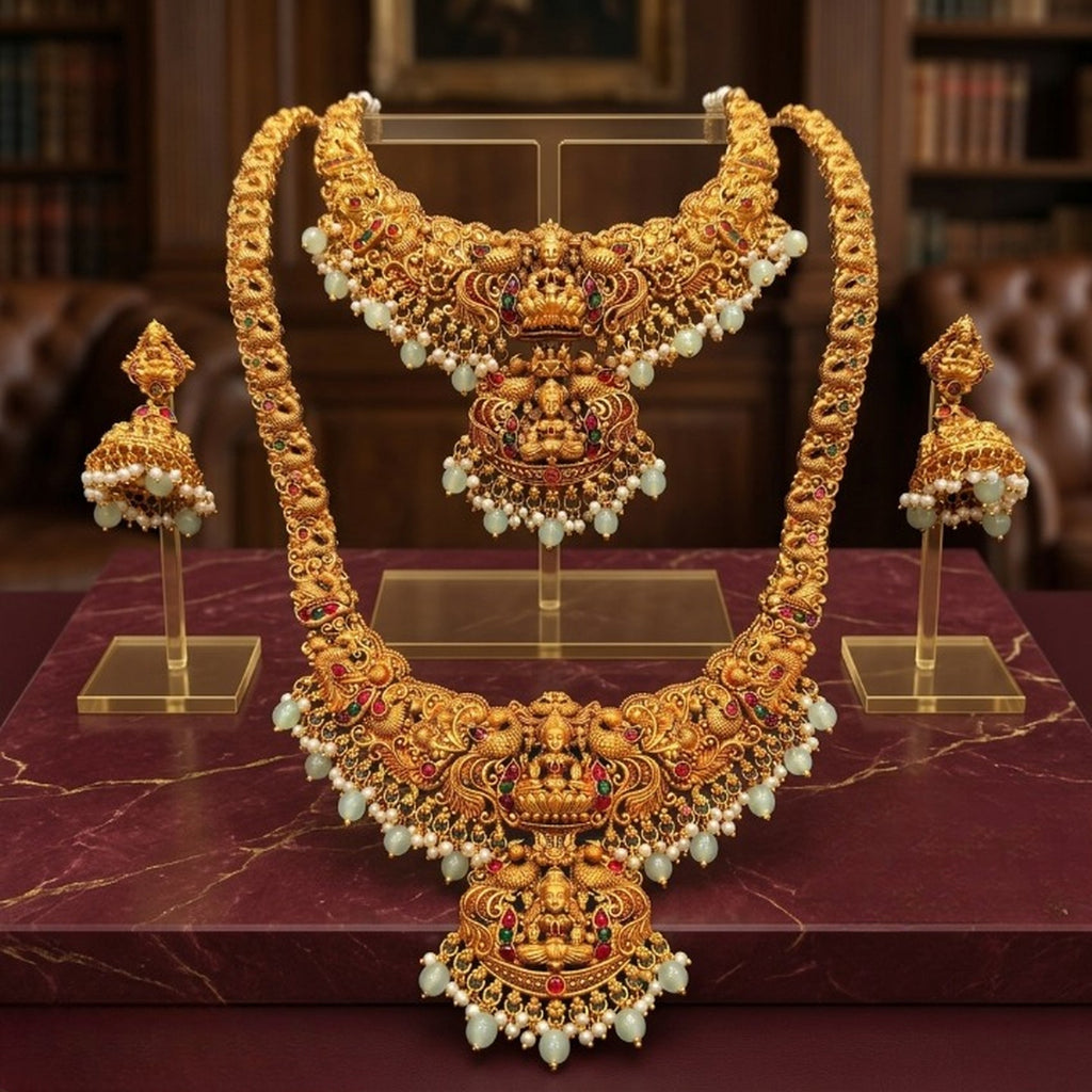 Jewel City Antique Gold-Plated Traditional Indian Temple Haram & Choker Set with Jhumka Earrings - Statement Bridal Jewelry - Distacart