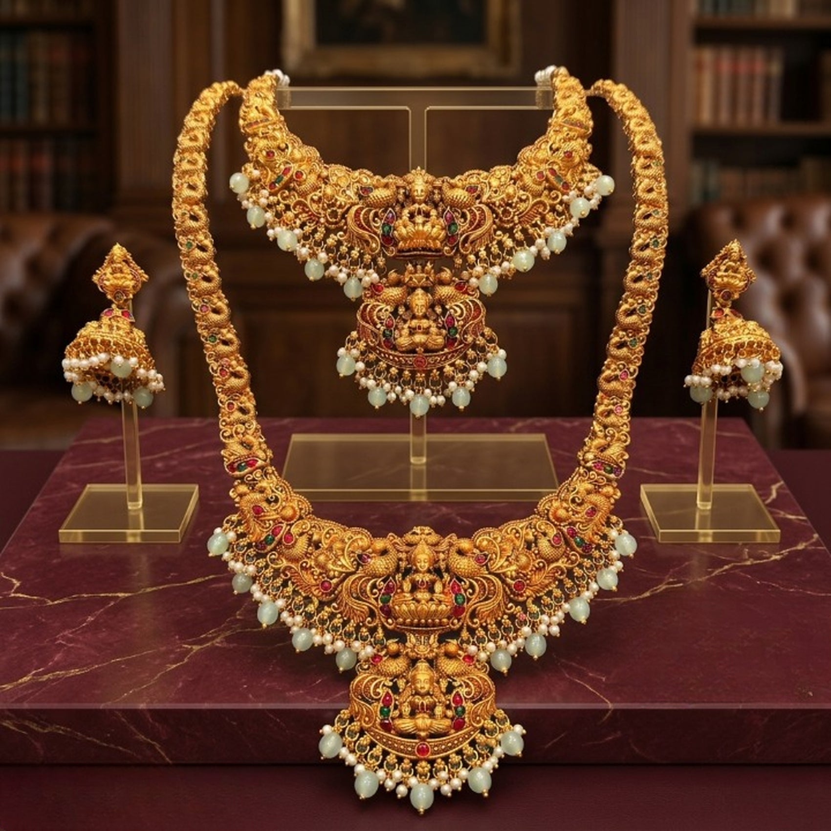 Jewel City Antique Gold-Plated Traditional Indian Temple Haram & Choker Set with Jhumka Earrings - Statement Bridal Jewelry - Distacart