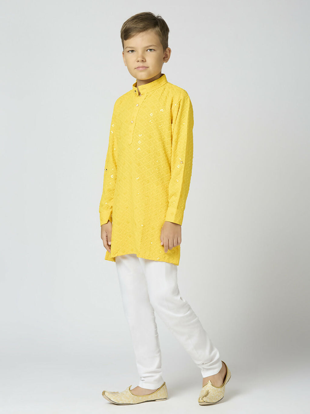 Joban Fashion Kids Island Full Sleeves Cotton Kurta and Pyjama Set with Sequin work - Yellow - Distacart