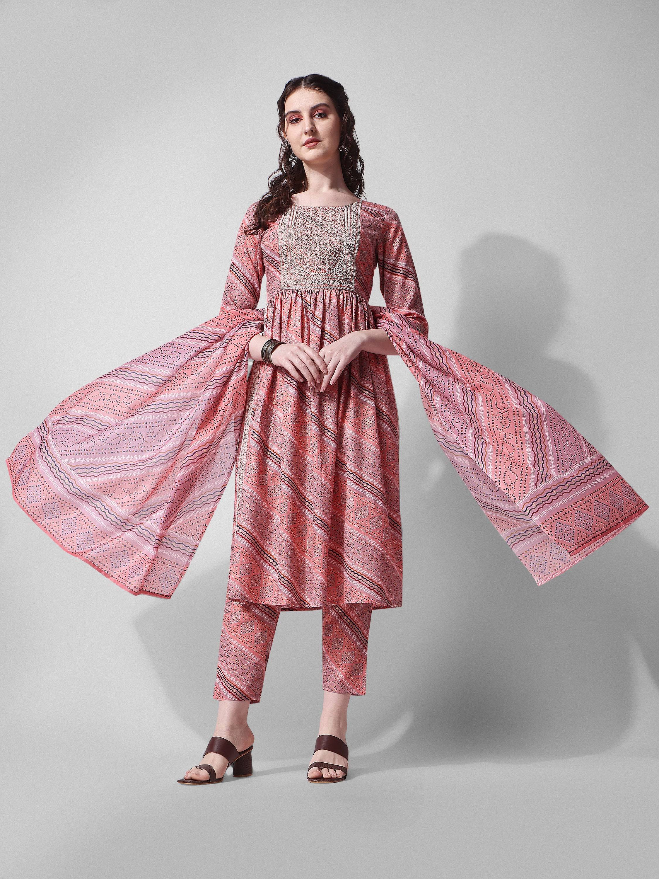 Nayra Cut Embroidered Kurta With Pant And Dupatta Set, Multicolor - Hiral Fashion - Distacart