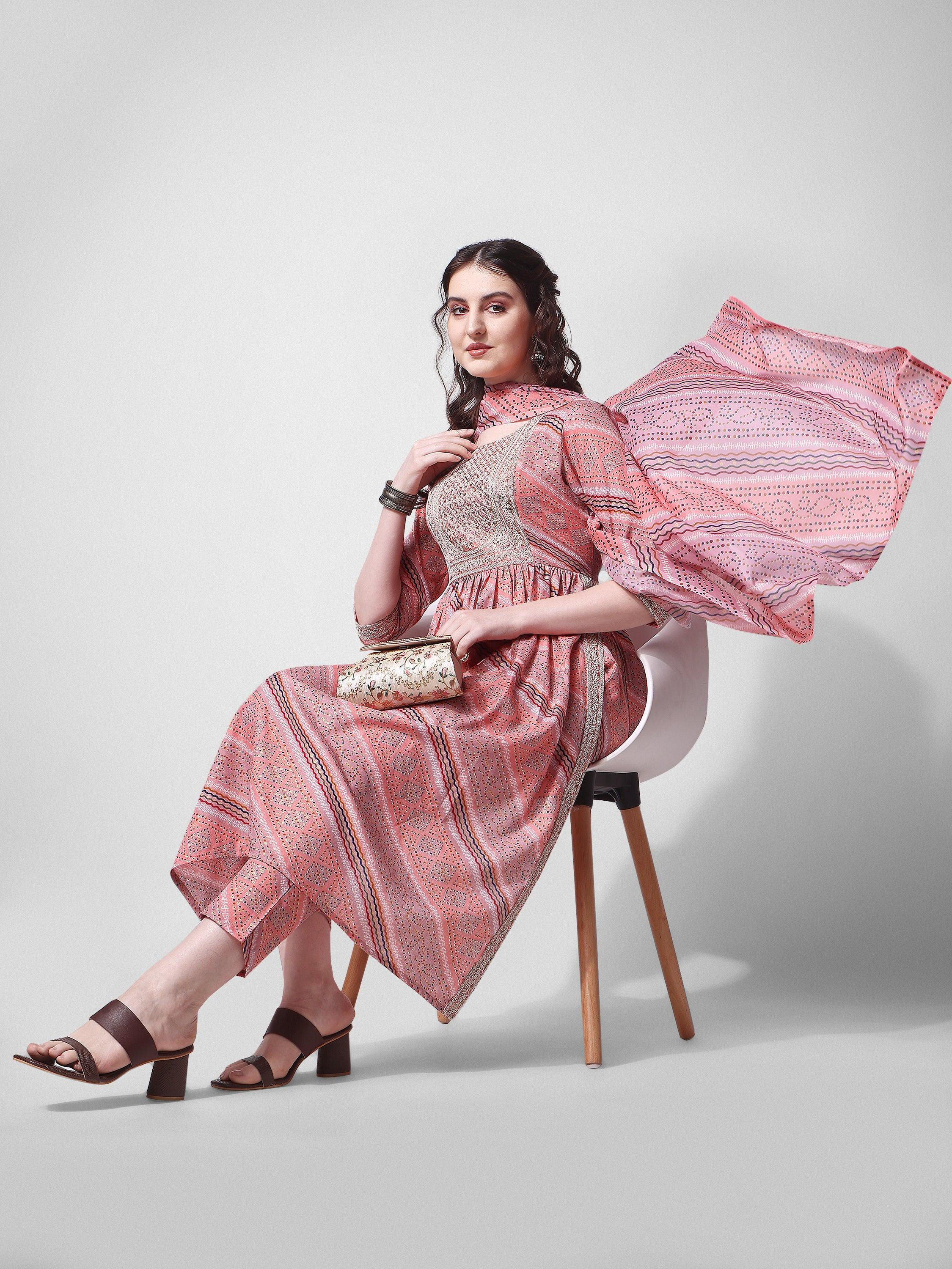 Nayra Cut Embroidered Kurta With Pant And Dupatta Set, Multicolor - Hiral Fashion - Distacart