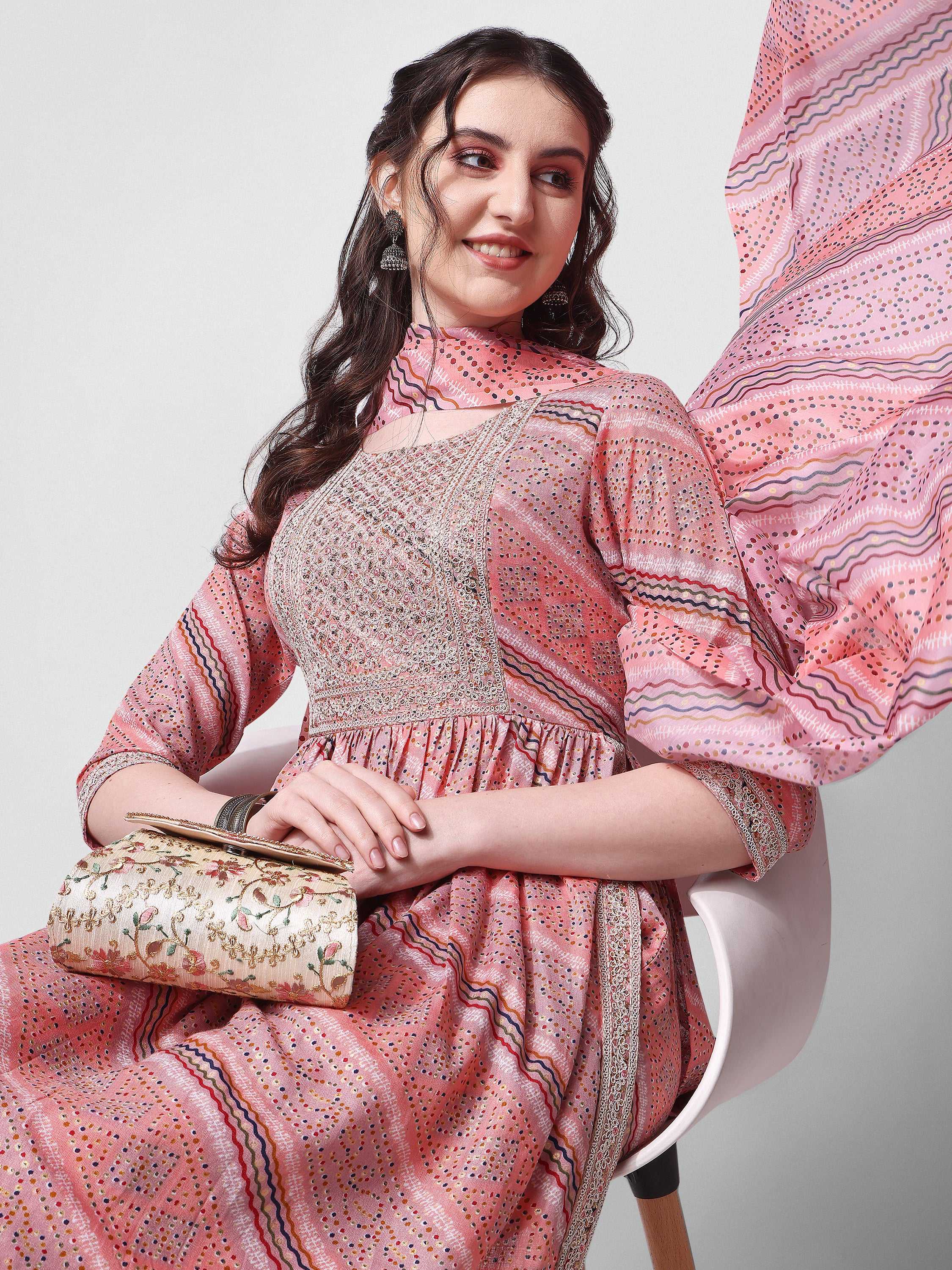 Nayra Cut Embroidered Kurta With Pant And Dupatta Set, Multicolor - Hiral Fashion - Distacart