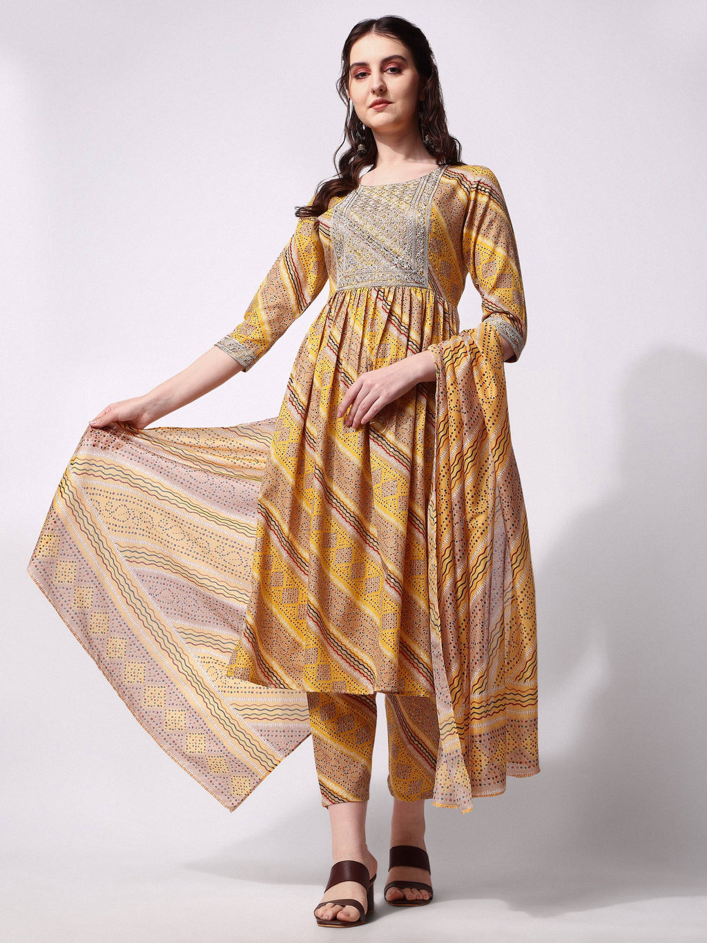 Nayra Cut Embroidered Kurta With Pant And Dupatta Set, Multicolor - Hiral Fashion - Distacart