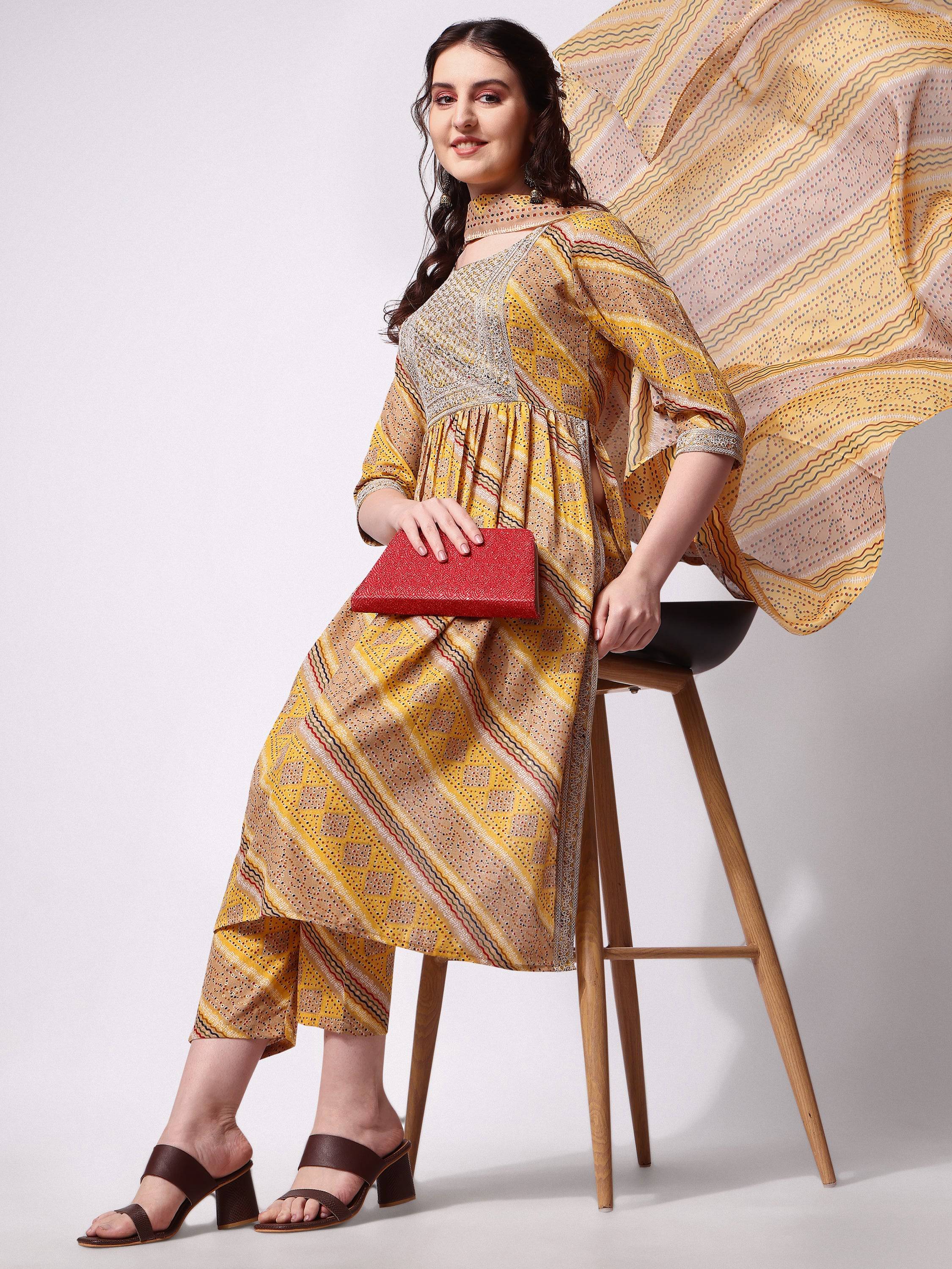 Nayra Cut Embroidered Kurta With Pant And Dupatta Set, Multicolor - Hiral Fashion - Distacart