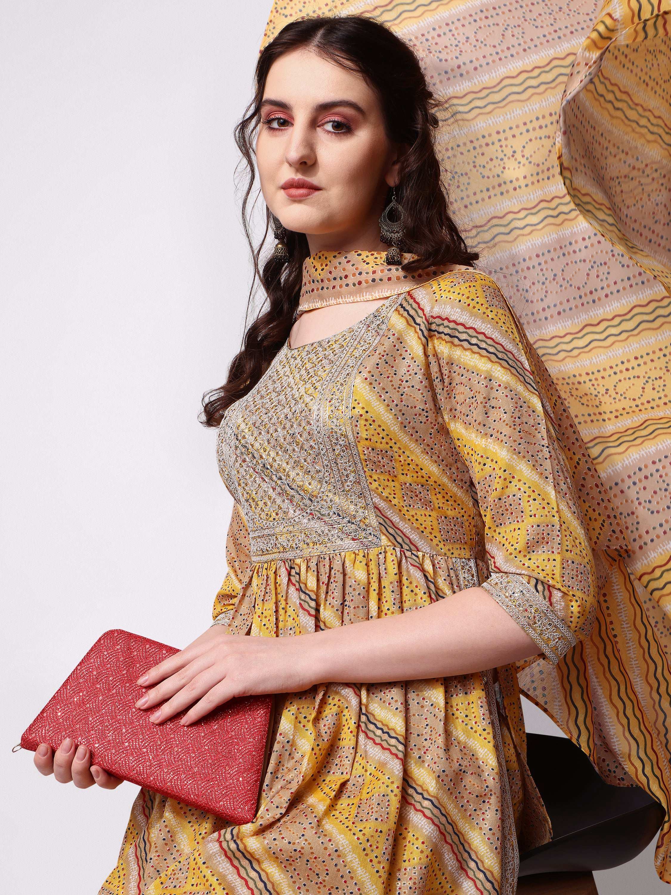 Nayra Cut Embroidered Kurta With Pant And Dupatta Set, Multicolor - Hiral Fashion - Distacart