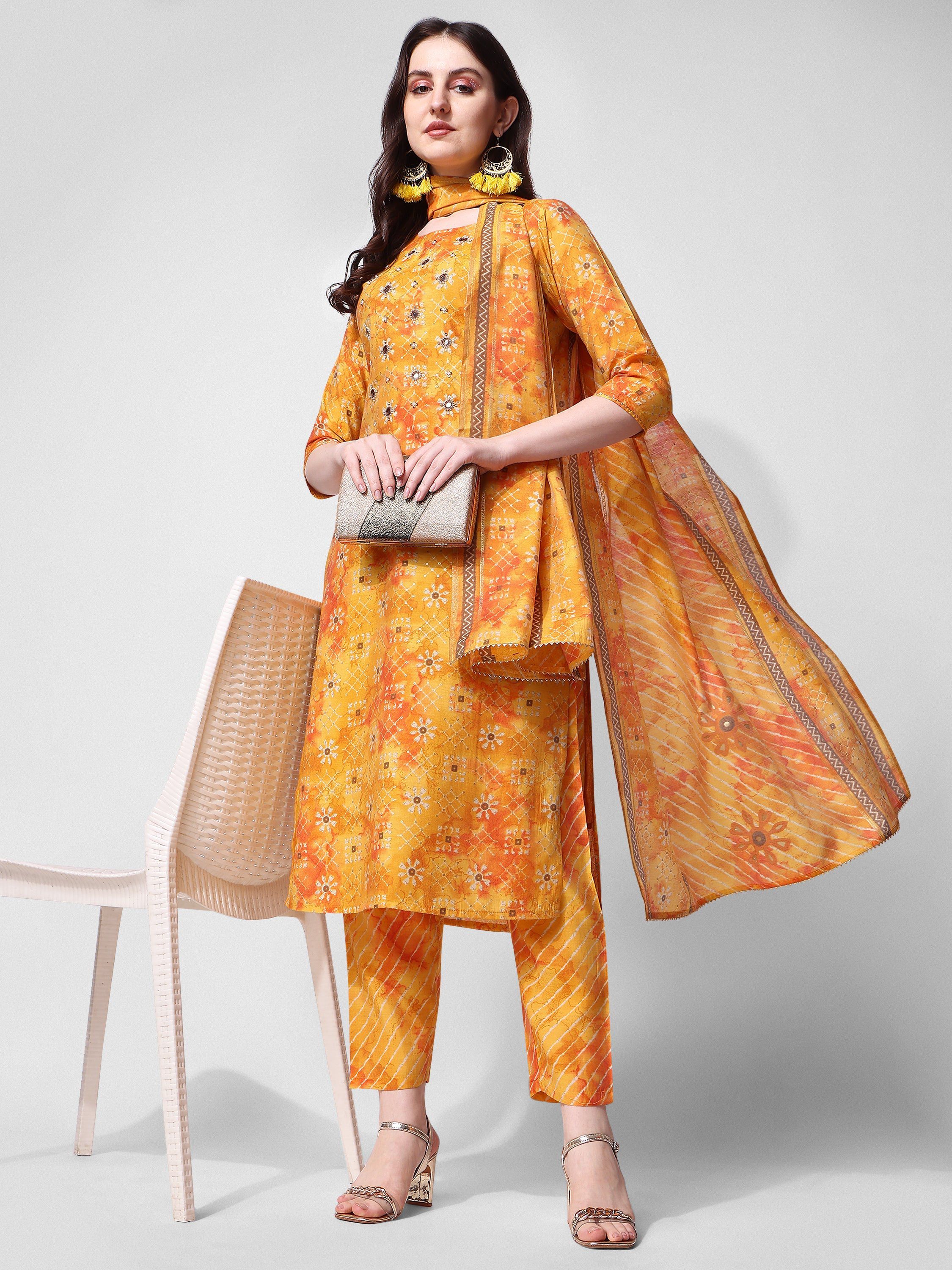 Printed & Embroidered Kurta With Pant & Dupatta Set, Multicolor - Hiral Fashion - Distacart