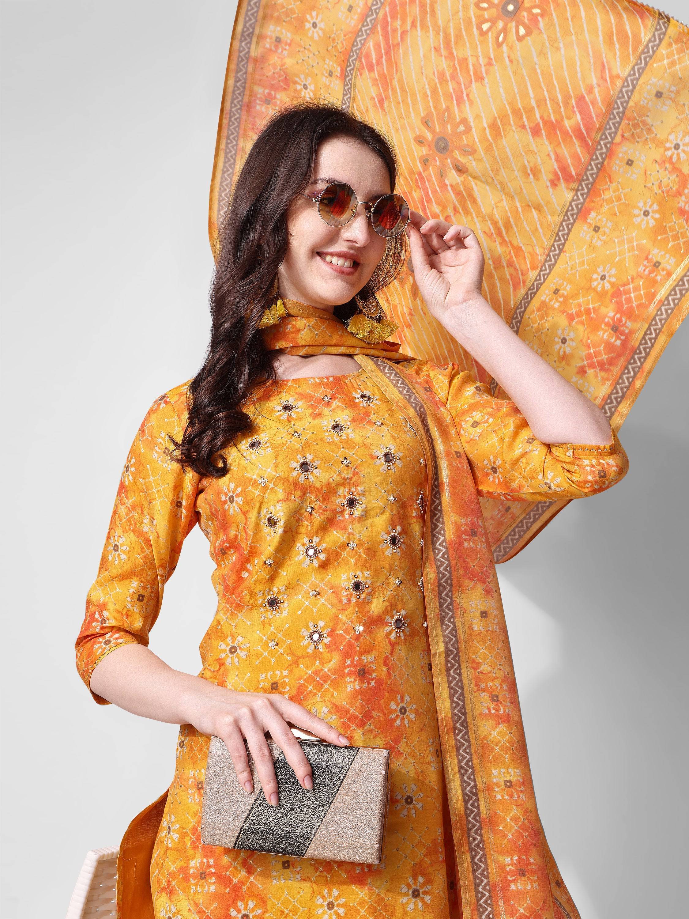 Printed & Embroidered Kurta With Pant & Dupatta Set, Multicolor - Hiral Fashion - Distacart