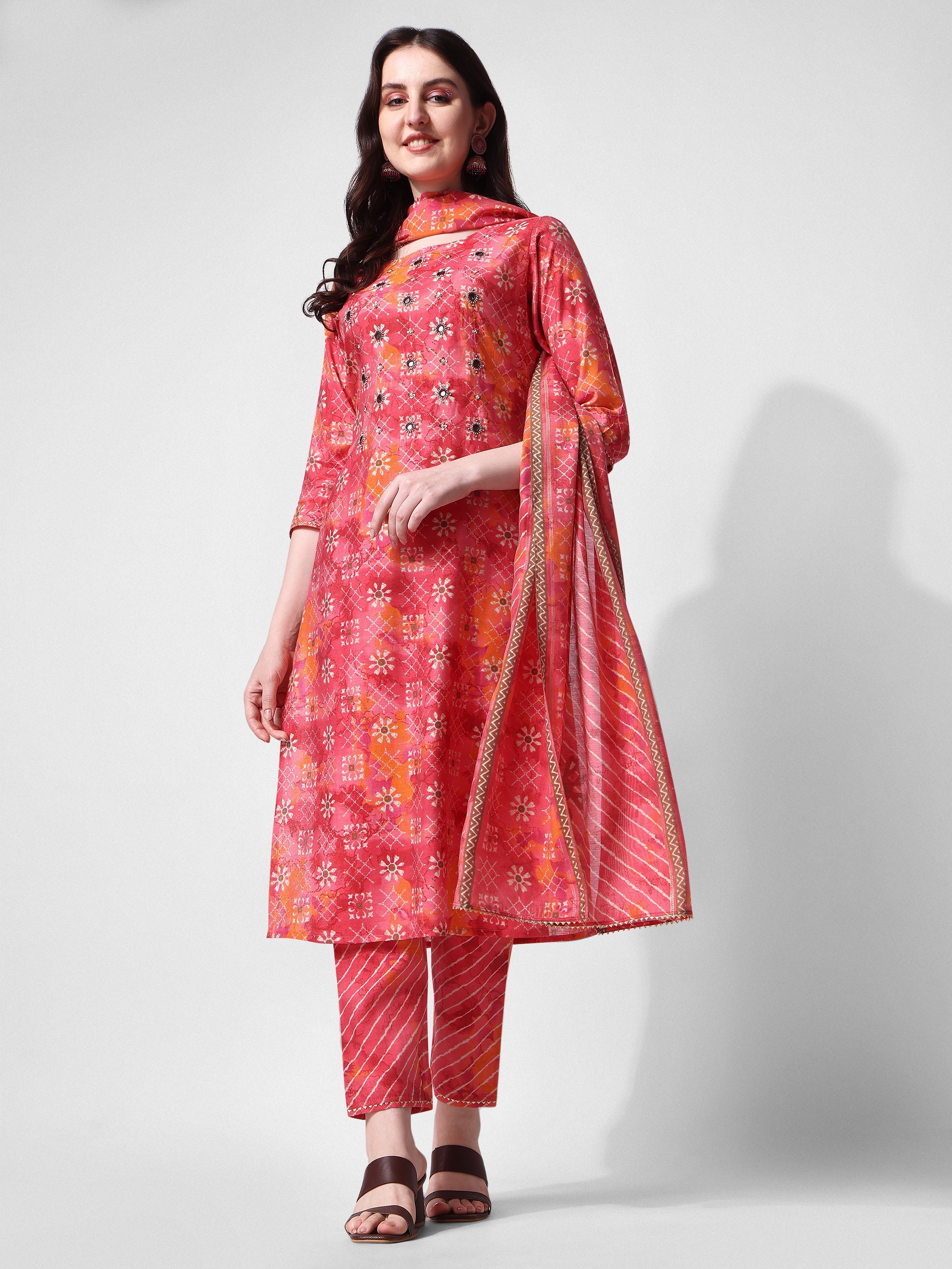 Printed & Embroidered Kurta With Pant & Dupatta Set, Multicolor - Hiral Fashion - Distacart