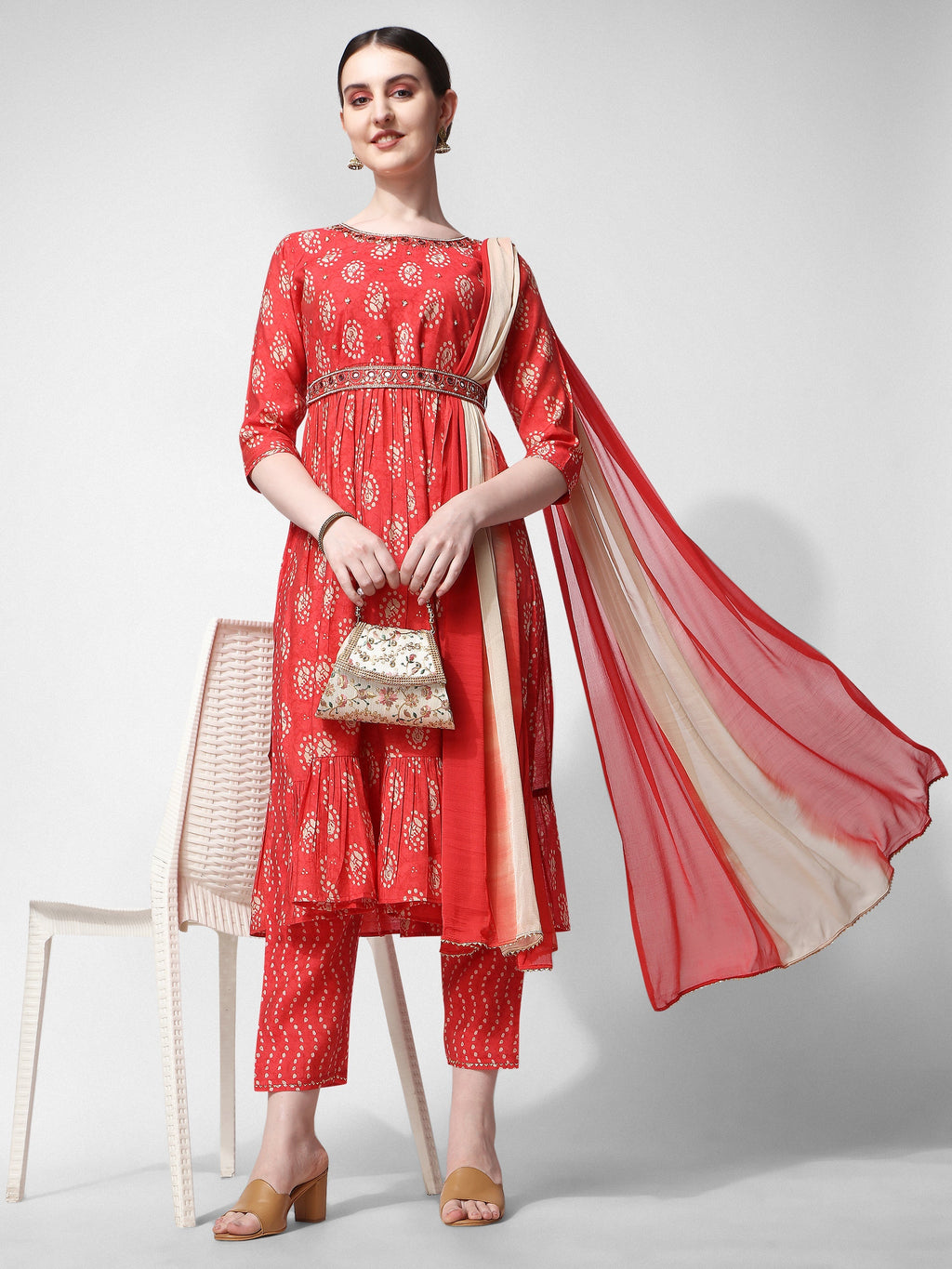Nayra Cut Embroidered Kurta With Pant, Dupatta & Embroidered Belt Set, Multicolor - Hiral Fashion - Distacart