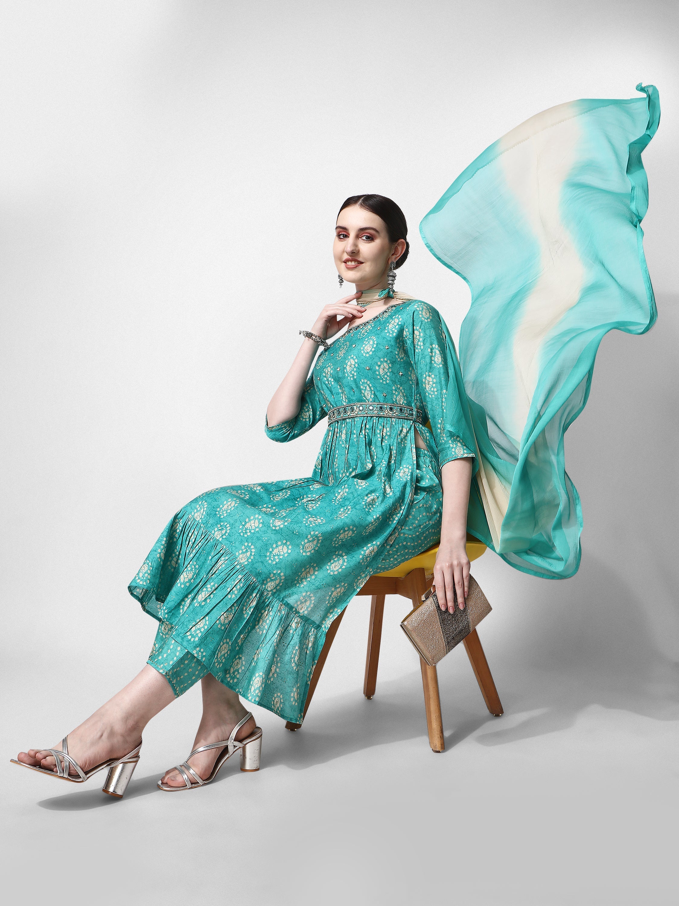 Nayra Cut Embroidered Kurta With Pant, Dupatta & Embroidered Belt Set, Multicolor - Hiral Fashion - Distacart