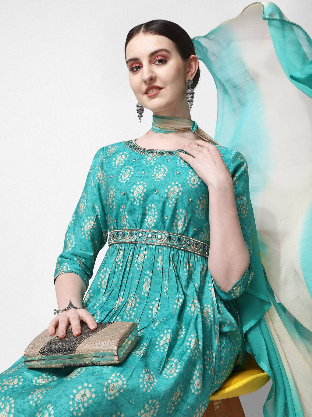 Nayra Cut Embroidered Kurta With Pant, Dupatta & Embroidered Belt Set, Multicolor - Hiral Fashion - Distacart