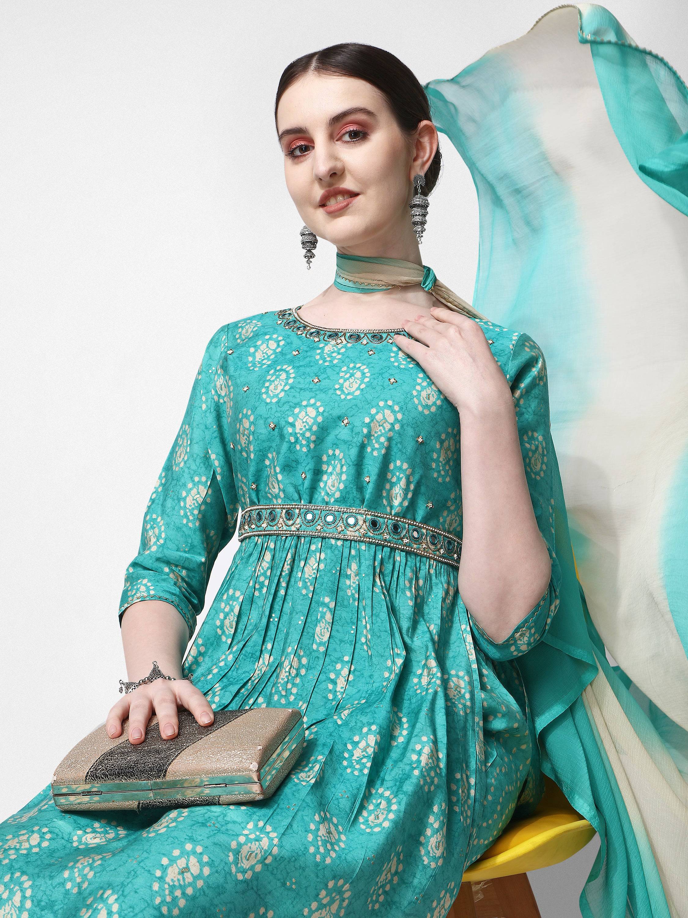 Nayra Cut Embroidered Kurta With Pant, Dupatta & Embroidered Belt Set, Multicolor - Hiral Fashion - Distacart