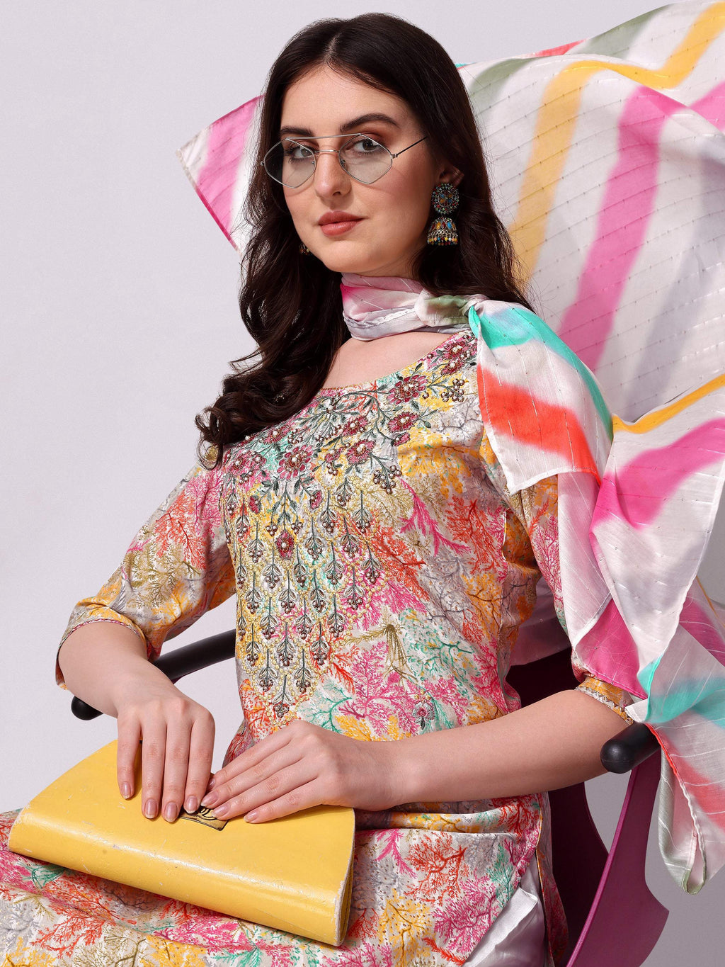 Multicolor Embroidered Kurta Pant & Printed Dupatta Set, Multicolor - Hiral Fashion - Distacart