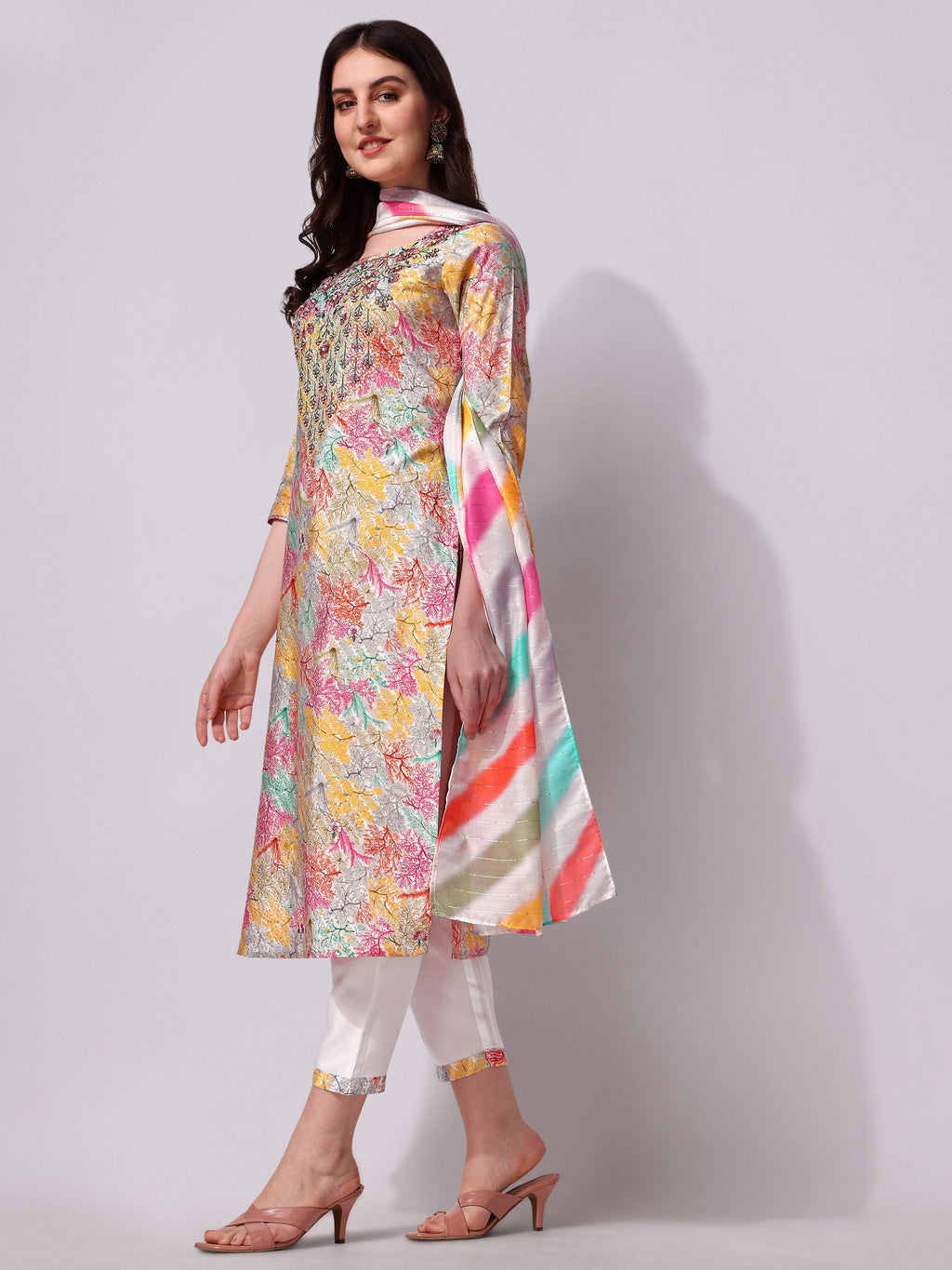 Multicolor Embroidered Kurta Pant & Printed Dupatta Set, Multicolor - Hiral Fashion - Distacart