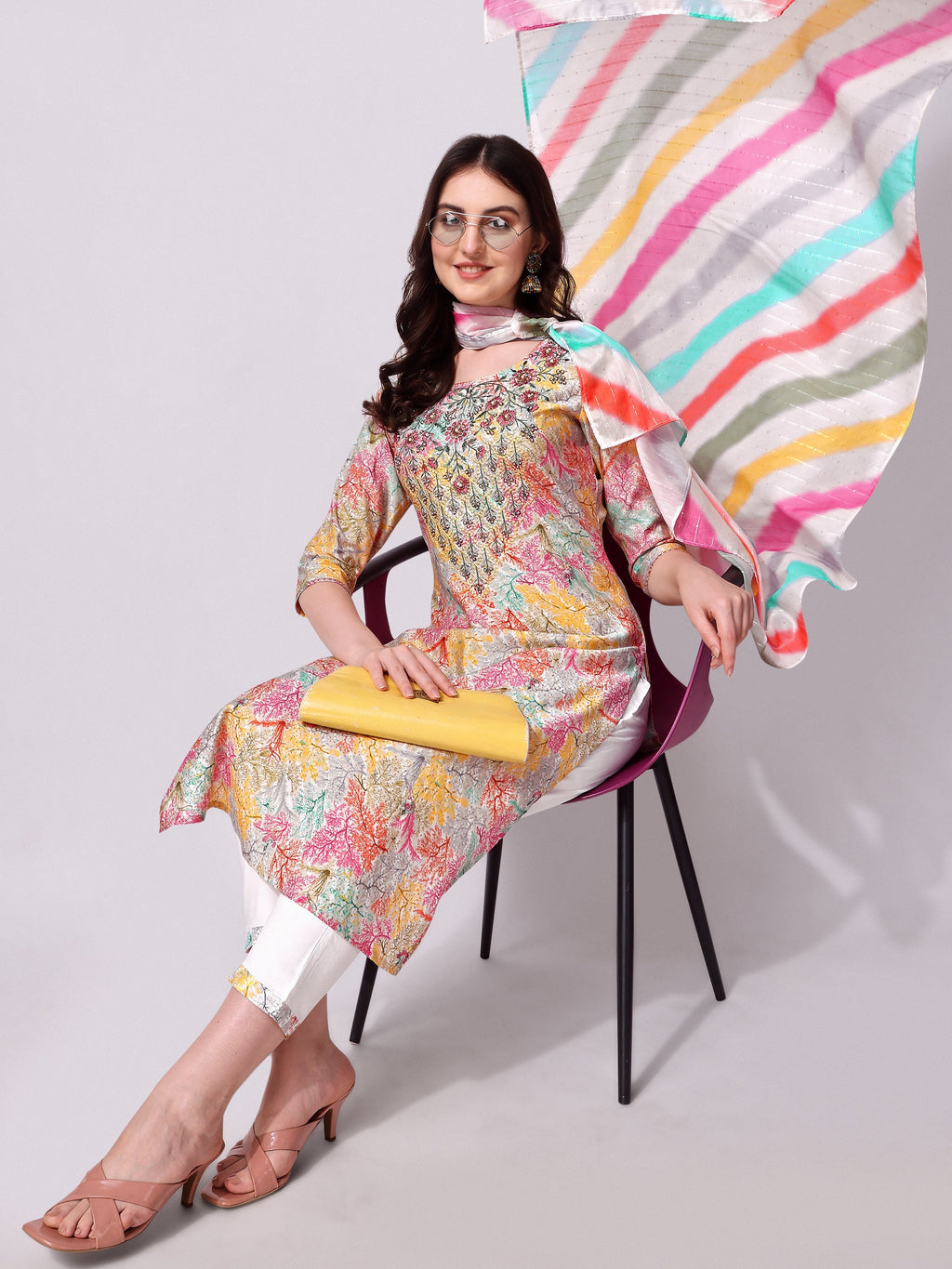 Multicolor Embroidered Kurta Pant & Printed Dupatta Set, Multicolor - Hiral Fashion - Distacart