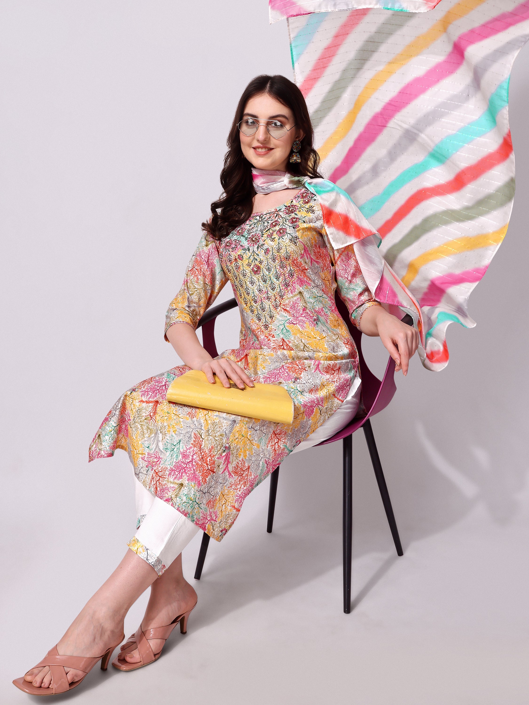 Multicolor Embroidered Kurta Pant & Printed Dupatta Set, Multicolor - Hiral Fashion - Distacart