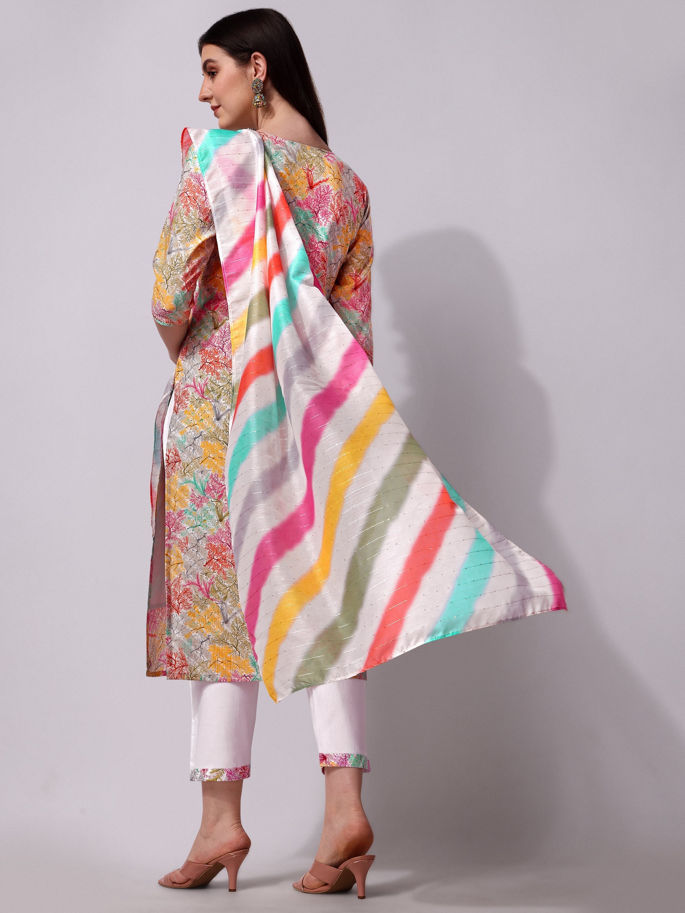 Multicolor Embroidered Kurta Pant & Printed Dupatta Set, Multicolor - Hiral Fashion - Distacart