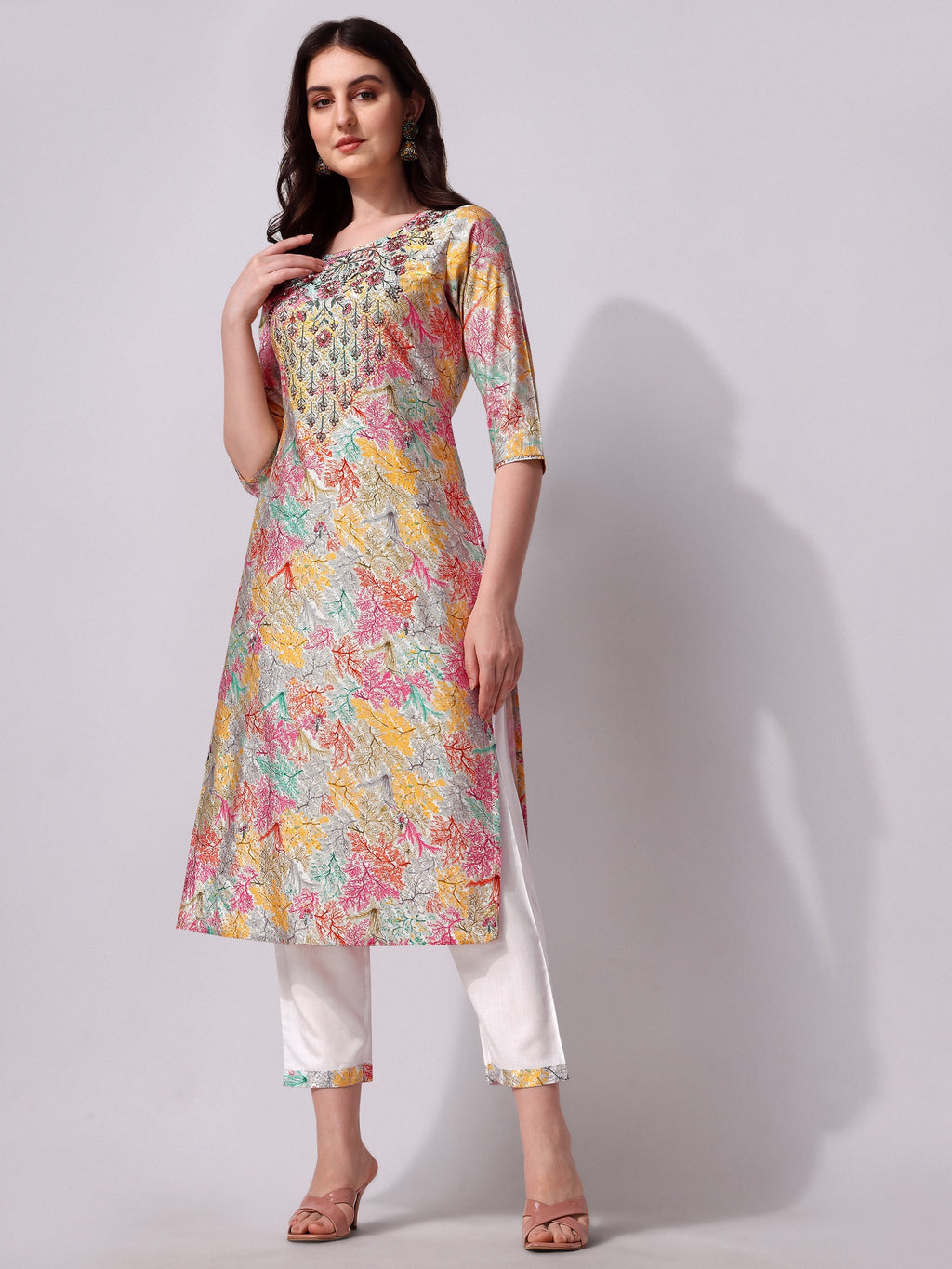 Multicolor Embroidered Kurta Pant & Printed Dupatta Set, Multicolor - Hiral Fashion - Distacart