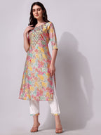 Multicolor Embroidered Kurta Pant & Printed Dupatta Set, Multicolor - Hiral Fashion - Distacart