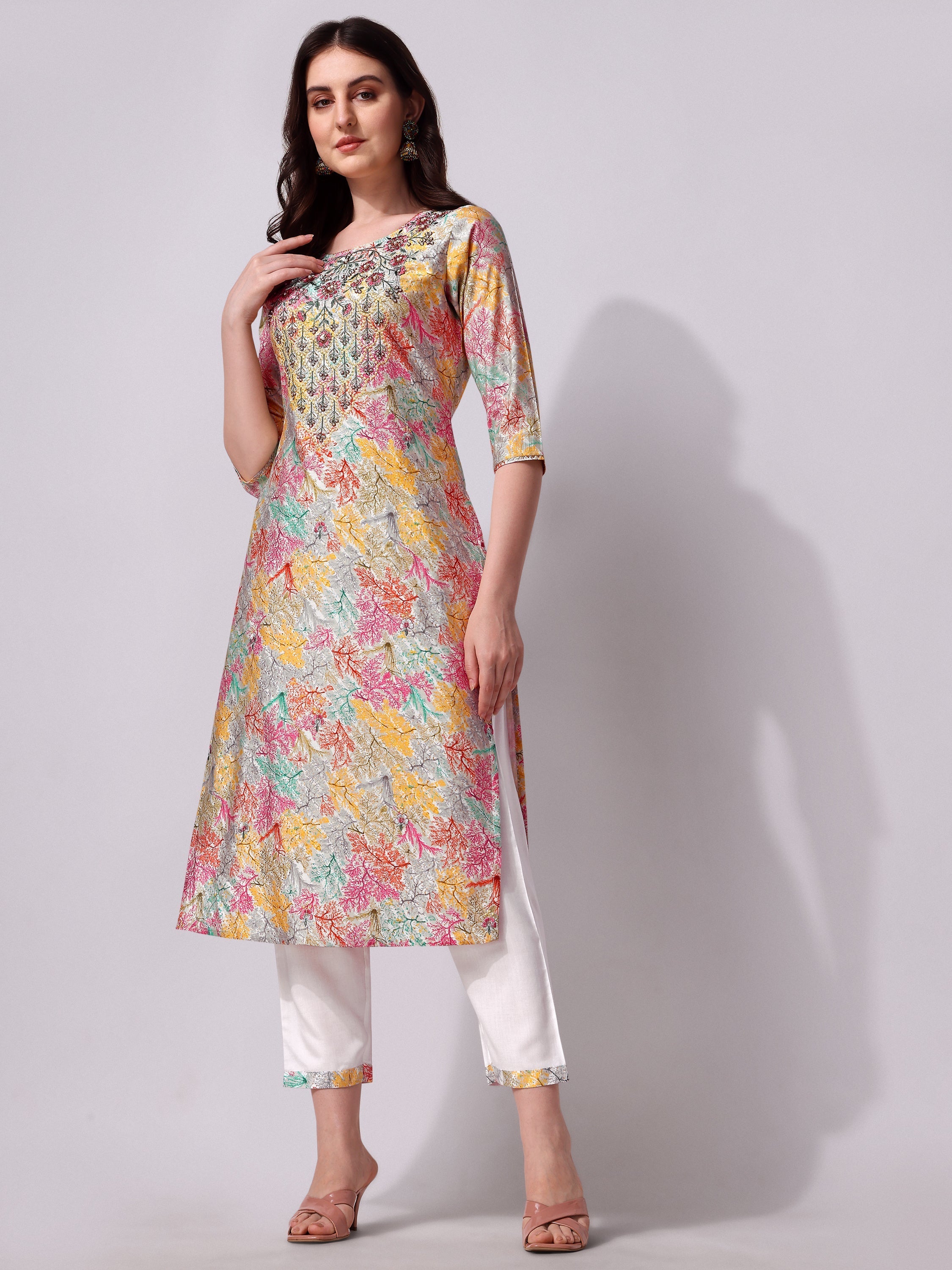 Multicolor Embroidered Kurta Pant & Printed Dupatta Set, Multicolor - Hiral Fashion - Distacart
