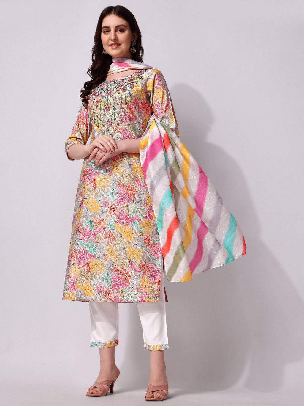 Multicolor Embroidered Kurta Pant & Printed Dupatta Set, Multicolor - Hiral Fashion - Distacart