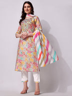 Multicolor Embroidered Kurta Pant & Printed Dupatta Set, Multicolor - Hiral Fashion - Distacart