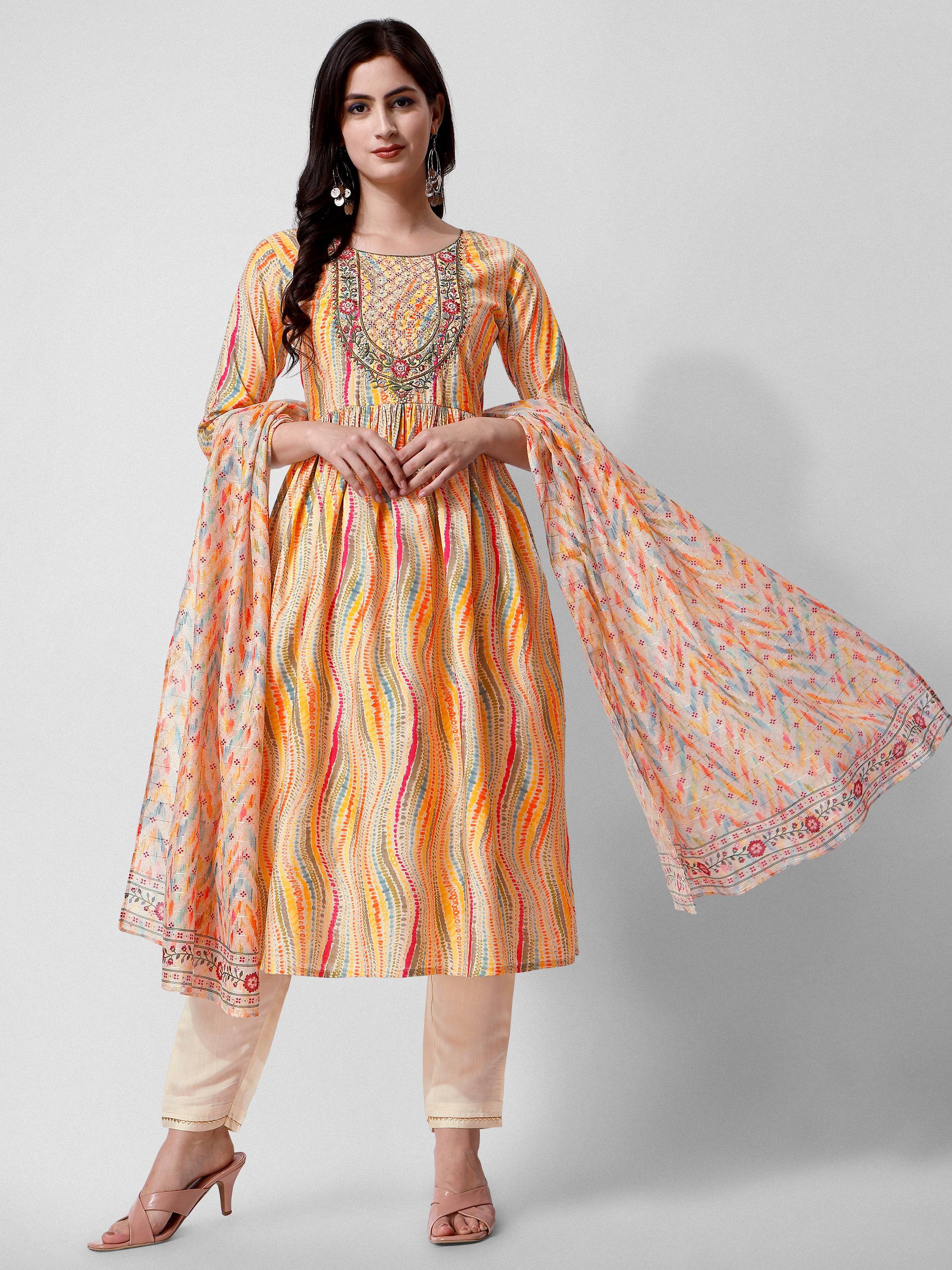 Nayra Cut Embroidered Kurta With Pant And Dupatta Set, Multicolor - Hiral Fashion - Distacart