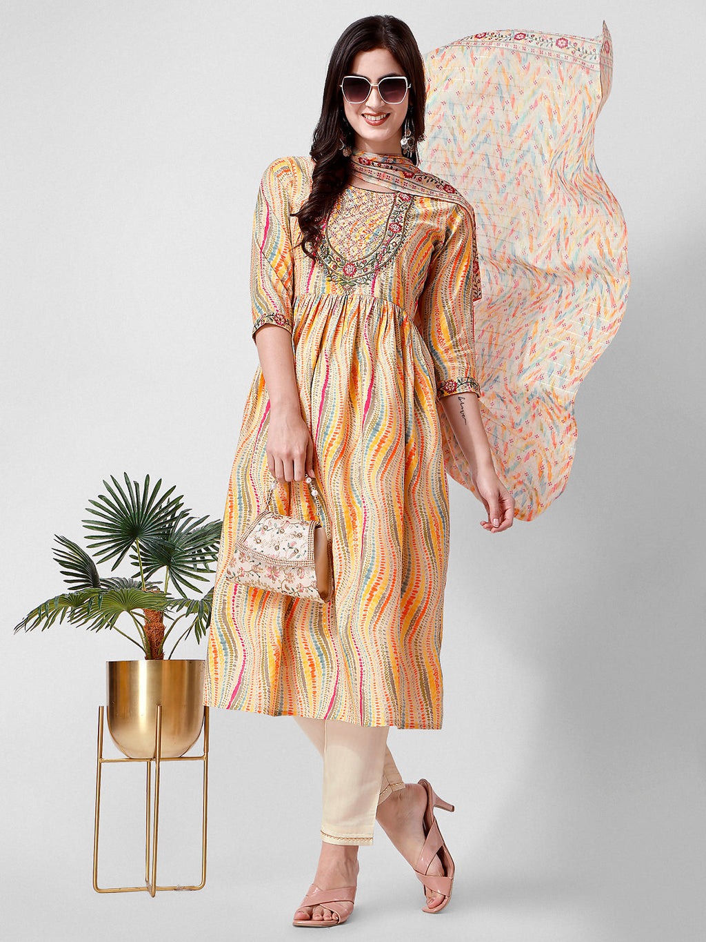 Nayra Cut Embroidered Kurta With Pant And Dupatta Set, Multicolor - Hiral Fashion - Distacart