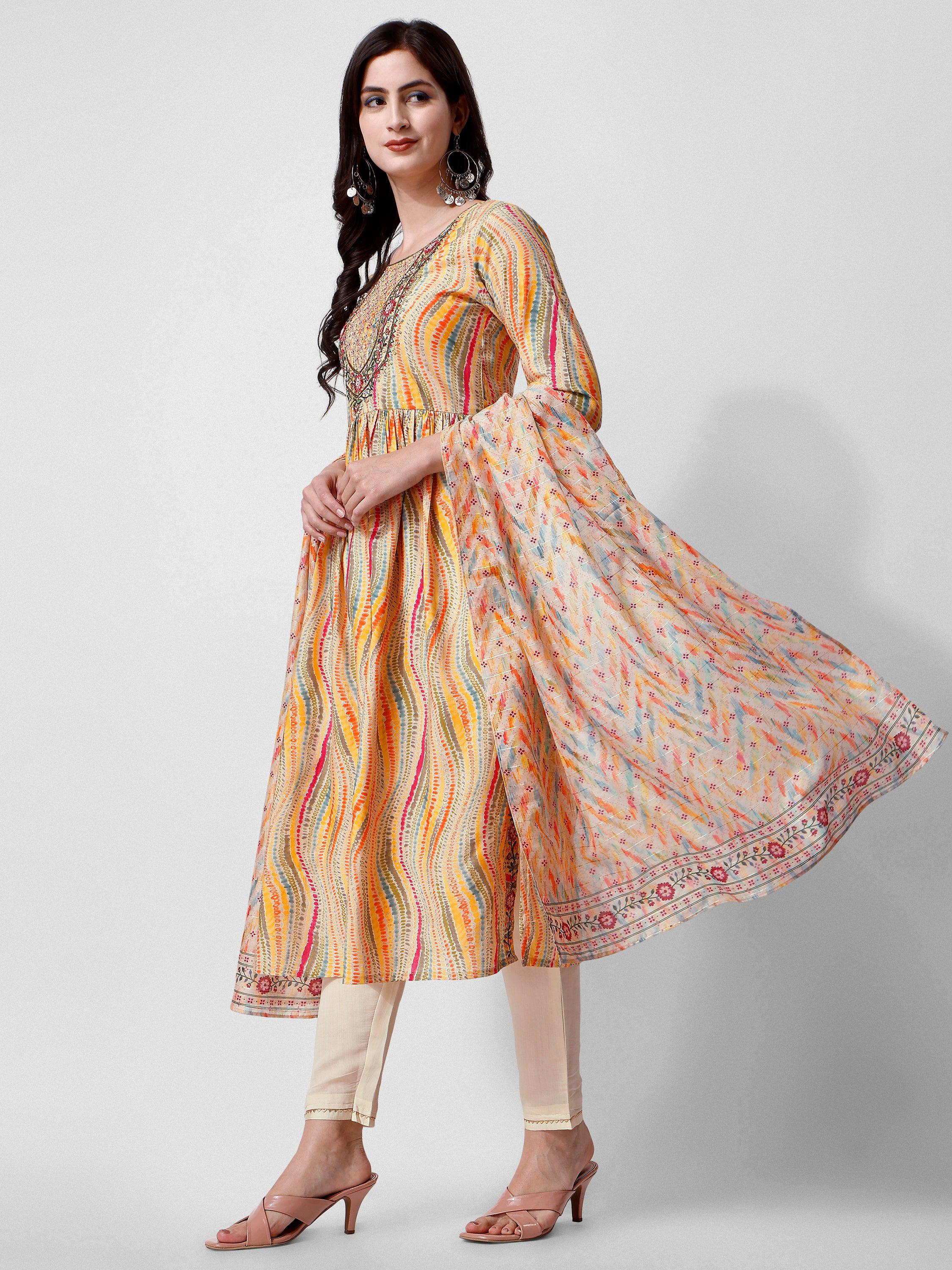 Nayra Cut Embroidered Kurta With Pant And Dupatta Set, Multicolor - Hiral Fashion - Distacart