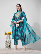 Embroidered & Printed Kurta With Pant And Dupatta Set, Multicolor - Hiral Fashion - Distacart