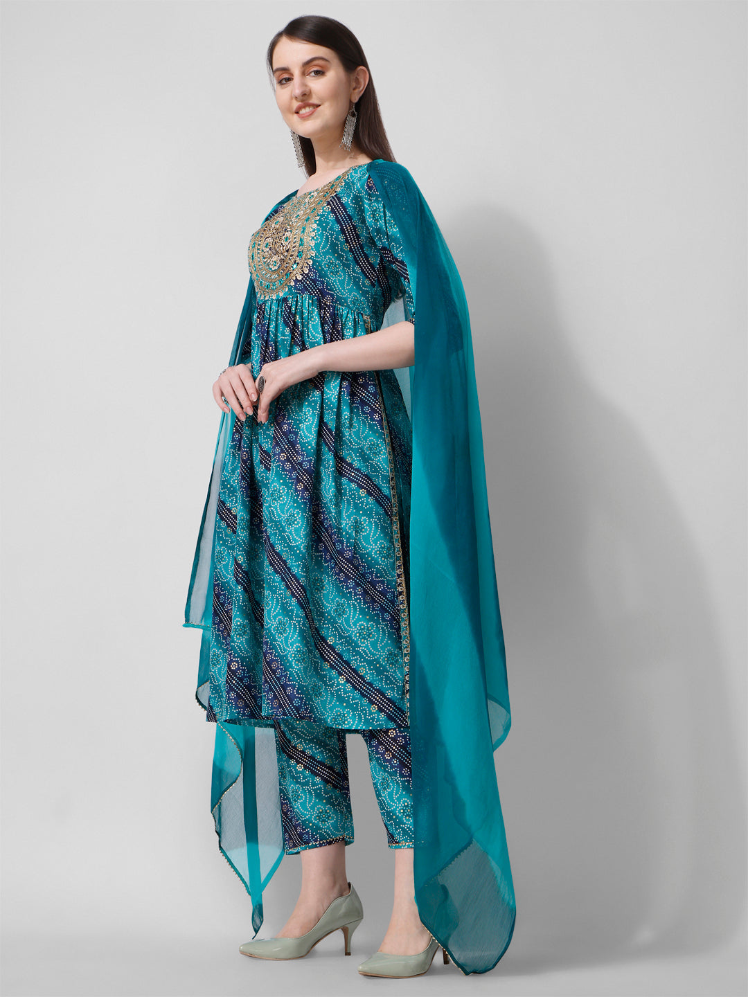Embroidered & Printed Kurta With Pant And Dupatta Set, Multicolor - Hiral Fashion - Distacart