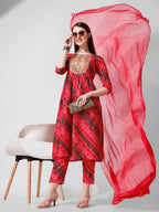 Embroidered & Printed Kurta With Pant And Dupatta Set, Multicolor - Hiral Fashion - Distacart