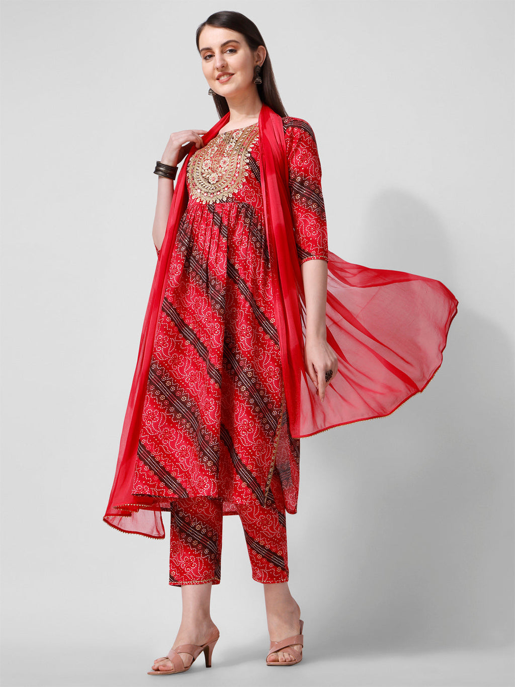 Embroidered & Printed Kurta With Pant And Dupatta Set, Multicolor - Hiral Fashion - Distacart