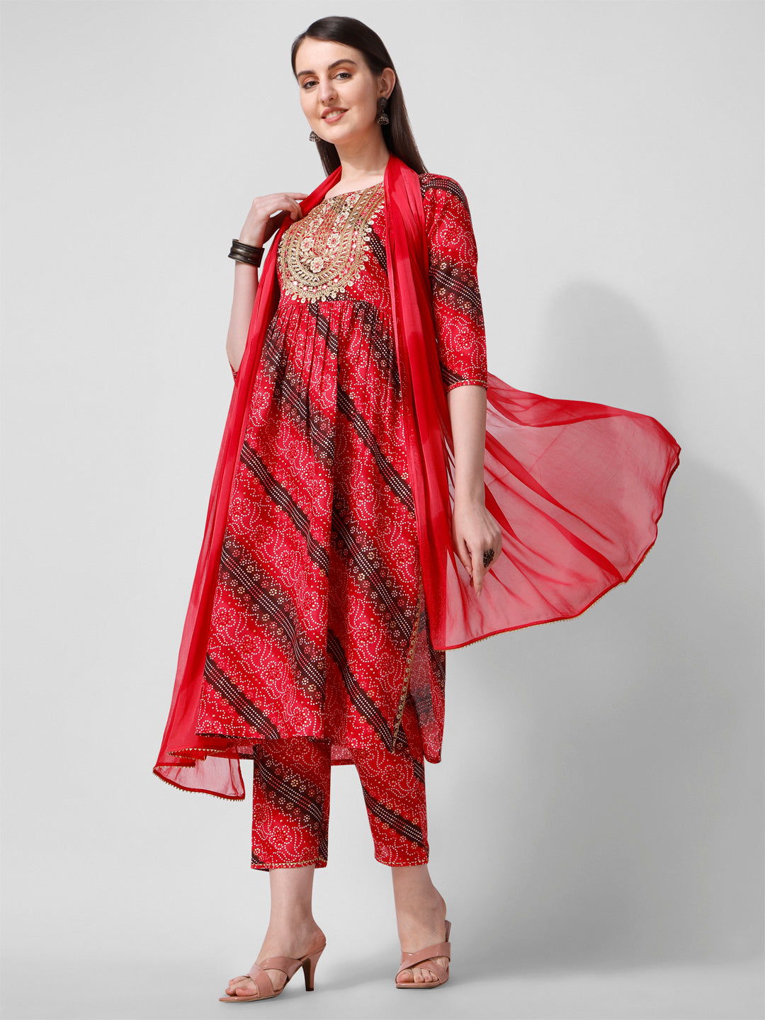 Embroidered & Printed Kurta With Pant And Dupatta Set, Multicolor - Hiral Fashion - Distacart