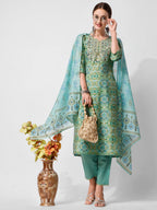 Printed And Embroidered Kurta With Pant And Dupatta Set, Multicolor - Hiral Fashion - Distacart
