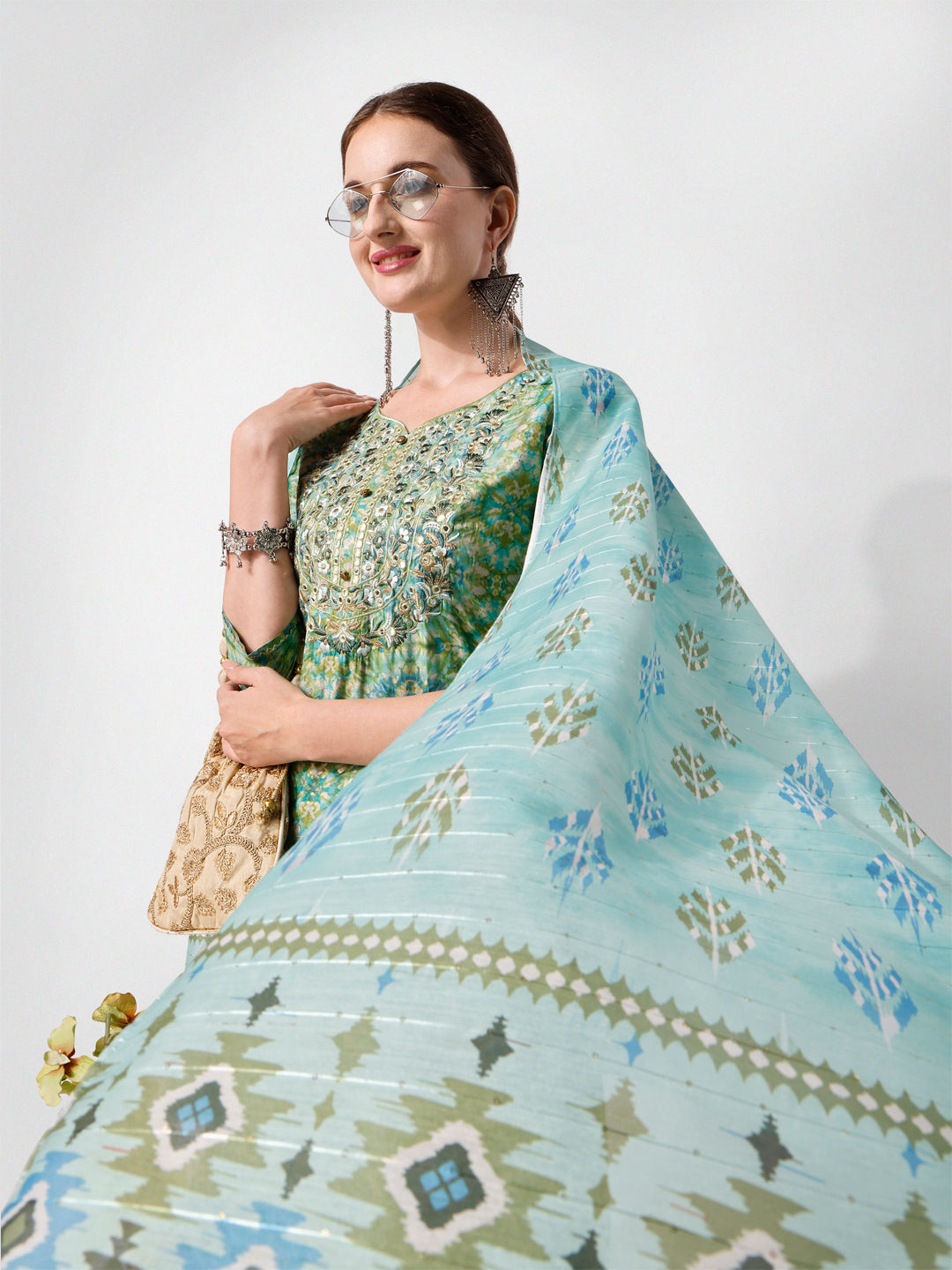 Printed And Embroidered Kurta With Pant And Dupatta Set, Multicolor - Hiral Fashion - Distacart