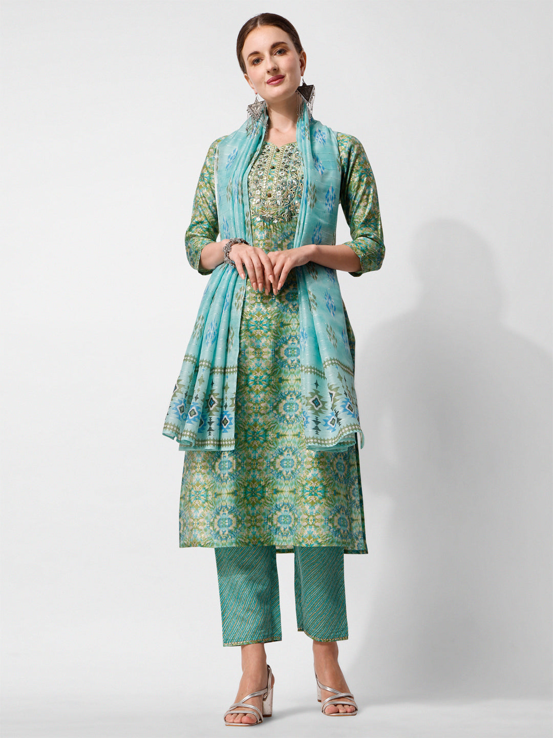 Printed And Embroidered Kurta With Pant And Dupatta Set, Multicolor - Hiral Fashion - Distacart
