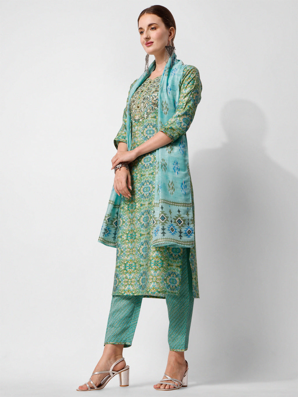 Printed And Embroidered Kurta With Pant And Dupatta Set, Multicolor - Hiral Fashion - Distacart