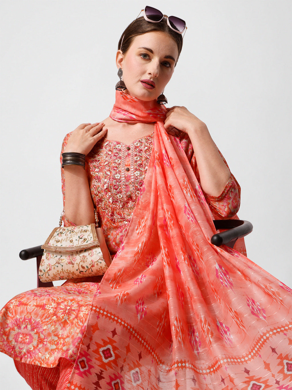 Printed And Embroidered Kurta With Pant And Dupatta Set, Multicolor - Hiral Fashion - Distacart