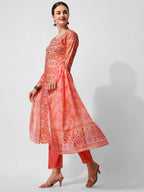 Printed And Embroidered Kurta With Pant And Dupatta Set, Multicolor - Hiral Fashion - Distacart