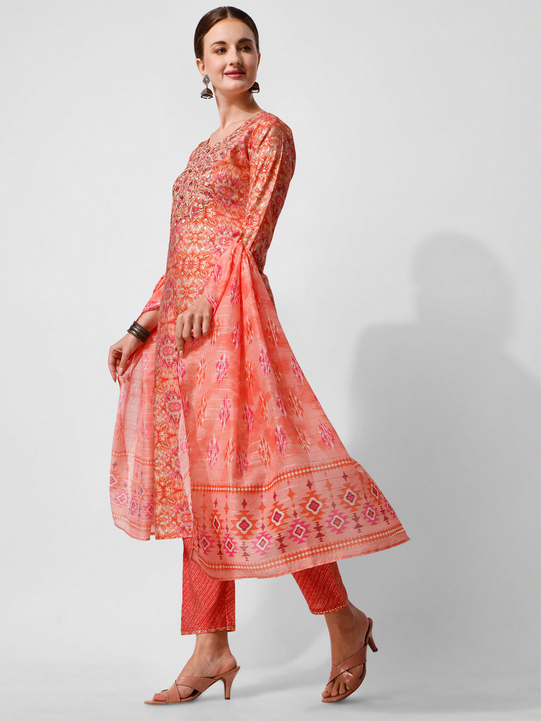 Printed And Embroidered Kurta With Pant And Dupatta Set, Multicolor - Hiral Fashion - Distacart