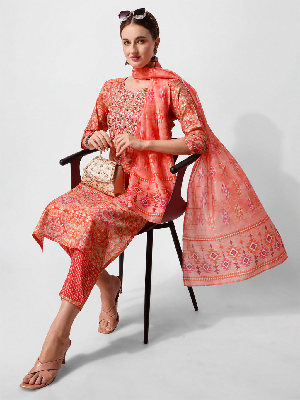 Printed And Embroidered Kurta With Pant And Dupatta Set, Multicolor - Hiral Fashion - Distacart