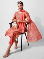 Printed And Embroidered Kurta With Pant And Dupatta Set, Multicolor - Hiral Fashion - Distacart