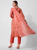 Printed And Embroidered Kurta With Pant And Dupatta Set, Multicolor - Hiral Fashion - Distacart