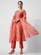 Printed And Embroidered Kurta With Pant And Dupatta Set, Multicolor - Hiral Fashion - Distacart