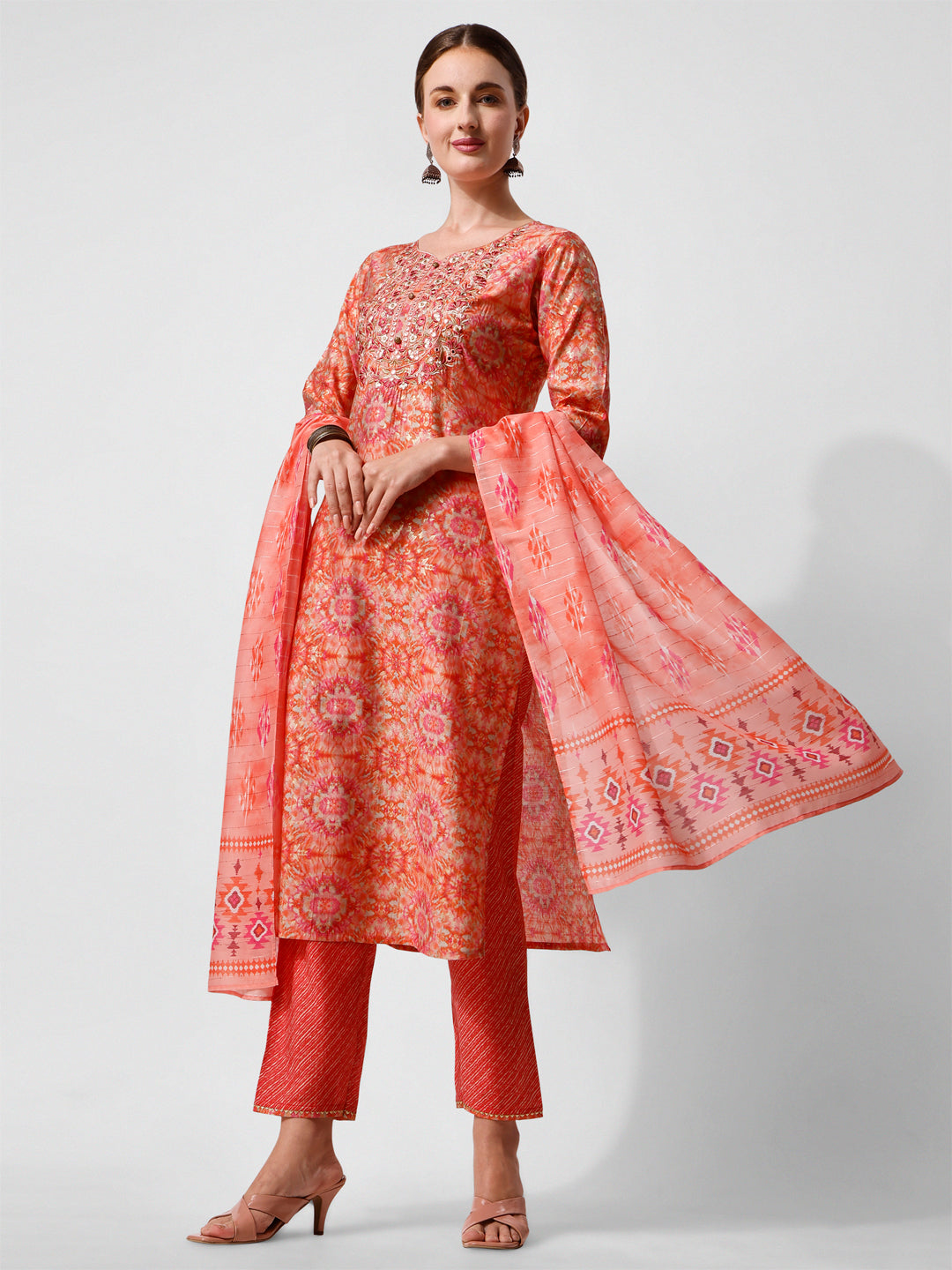 Printed And Embroidered Kurta With Pant And Dupatta Set, Multicolor - Hiral Fashion - Distacart