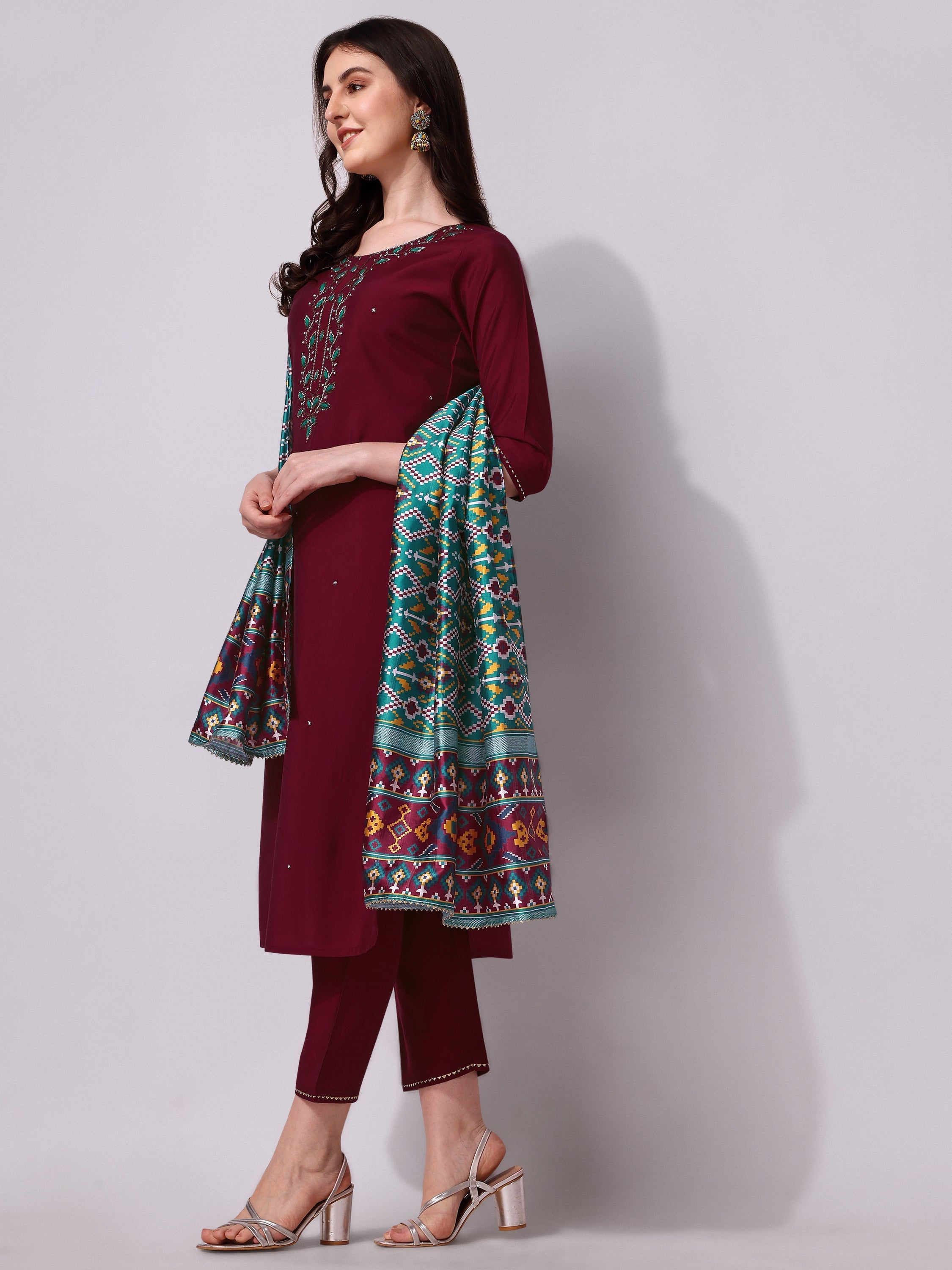 Embroidered Kurta With Pant And Dupatta Set, Multicolor - Hiral Fashion - Distacart